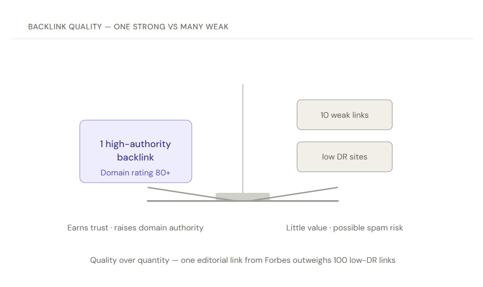 Balance scale diagram showing one high-authority backlink outweighing ten low-quality backlinks, illustrating quality over quantity in link building