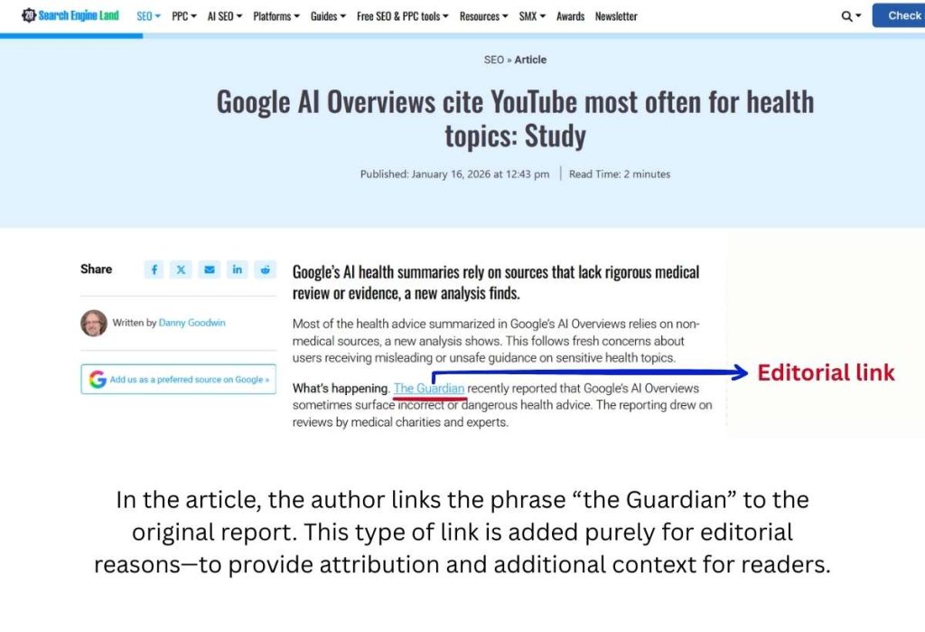 A visual showing example of editorial links and how they look alike
