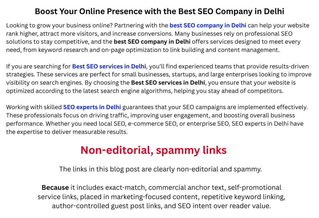 A visual showing an example of non-editorial links