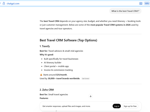 ChatGPT response listing best travel CRM software.