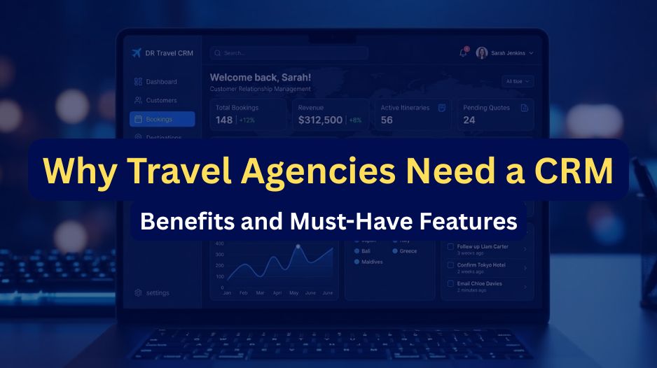 Travel CRM dashboard for agencies showing bookings, revenue, and client management features