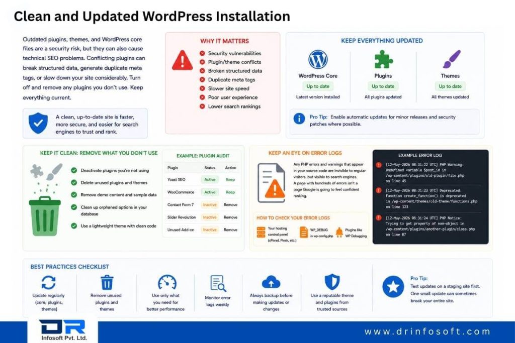Clean and updated WordPress installation guide showing plugin updates, security checks, error logs, and WordPress maintenance best practices