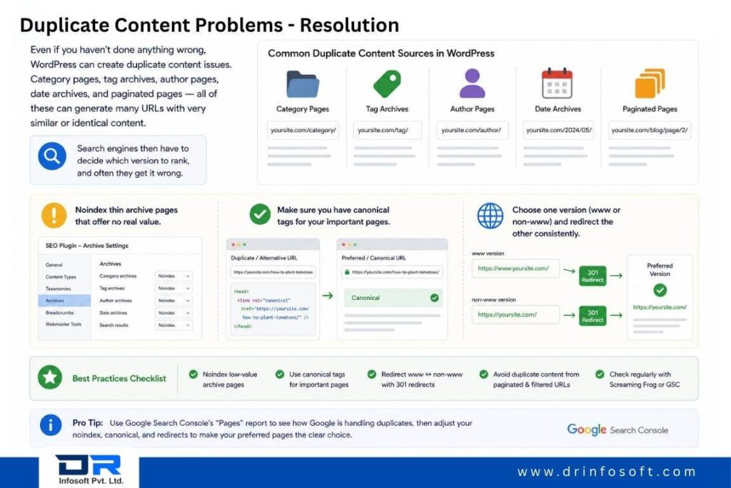 Duplicate content issue resolution guide showing canonical tags, noindex settings, redirects, and common WordPress duplicate content sources