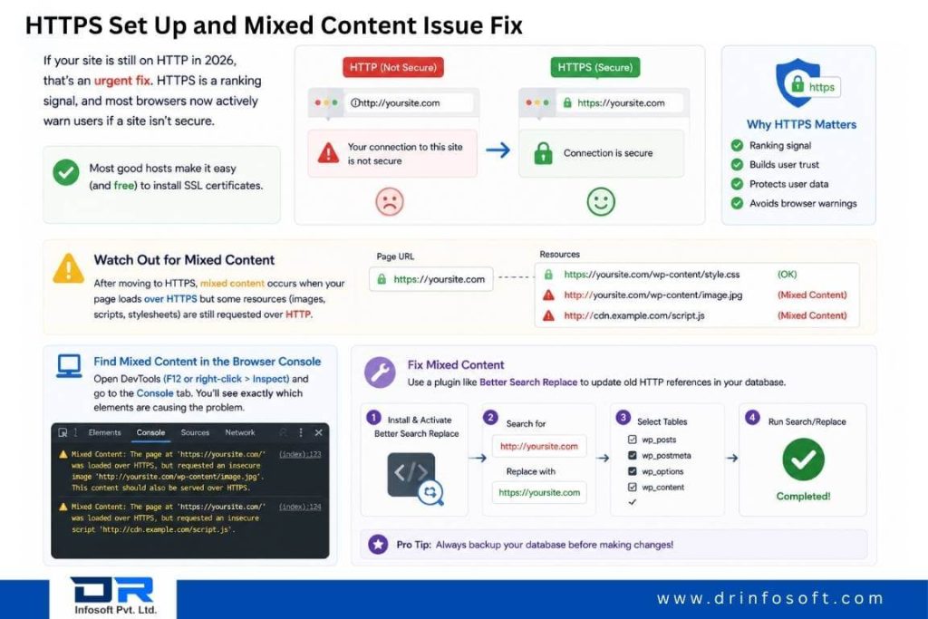 HTTPS setup and mixed content fix guide showing SSL security, HTTP to HTTPS migration, and mixed content error resolution