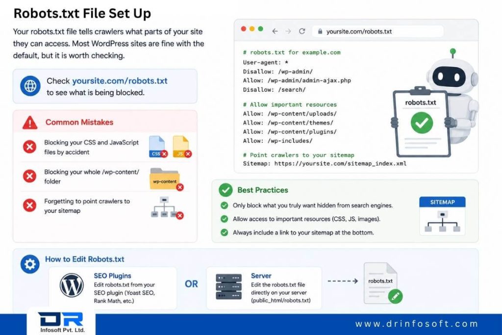 Robots.txt setup guide showing crawler access rules, common SEO mistakes, sitemap link setup, and WordPress editing options