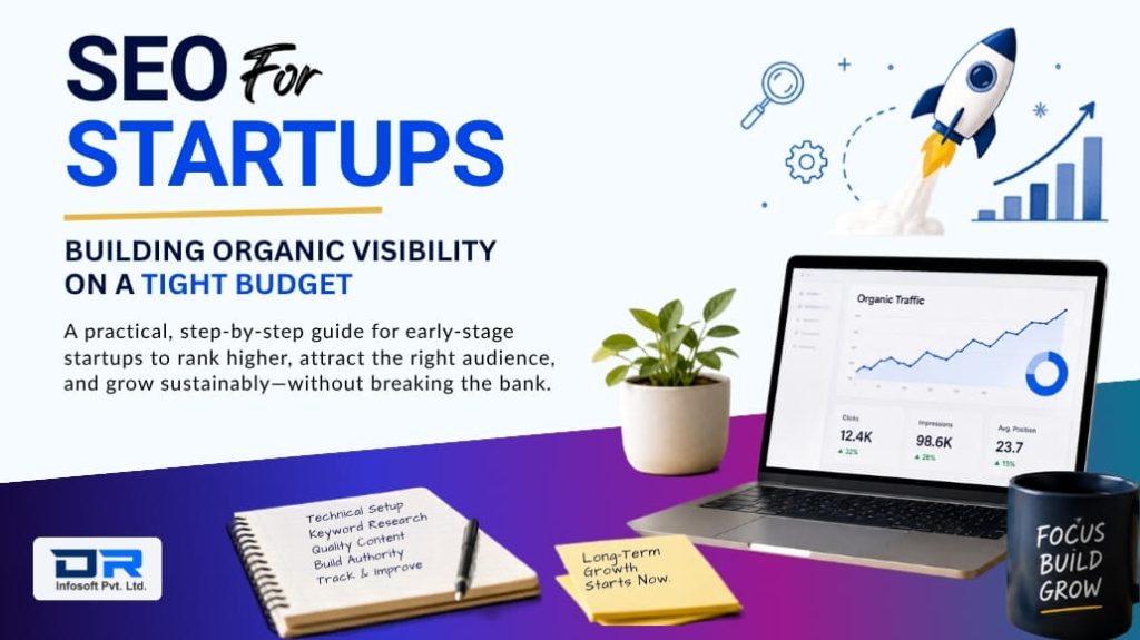 SEO for startups featured image showing organic visibility growth on a tight budget, with a laptop analytics dashboard, rocket, notebook, plant, and branding elements.
