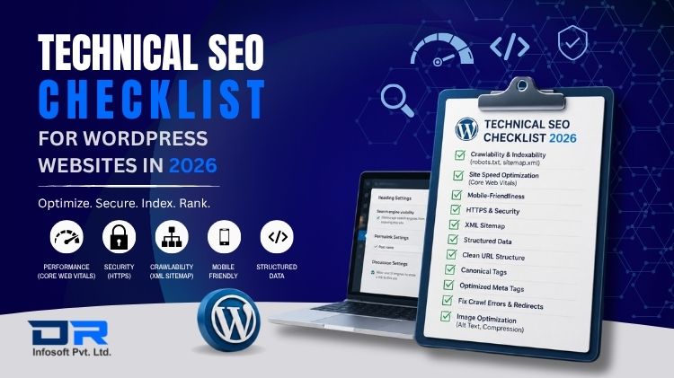 Technical SEO checklist for WordPress websites in 2026 with Core Web Vitals, security, sitemap, and mobile optimization.