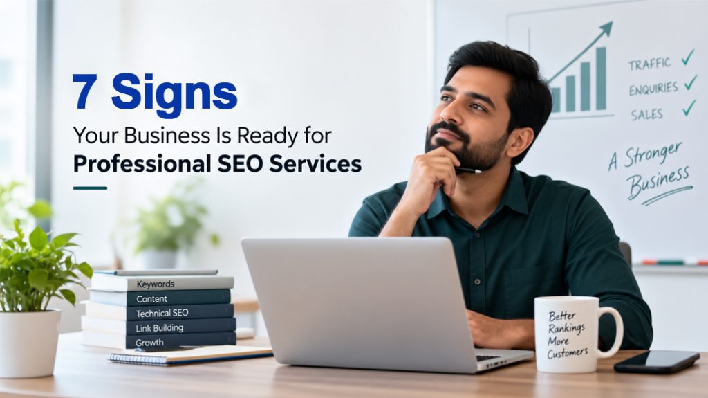 7 signs your business is ready for professional SEO services, shown with a business professional reviewing SEO growth metrics.